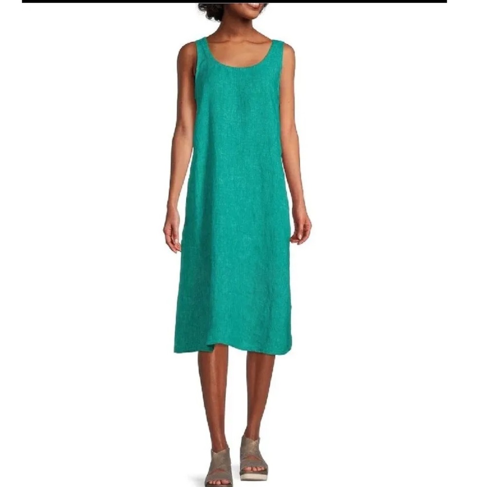 NWT EILEEN FISHER DEEP AQUA WASHED ORGANIC DELAVE  LINEN SCOOP NECK DRESS